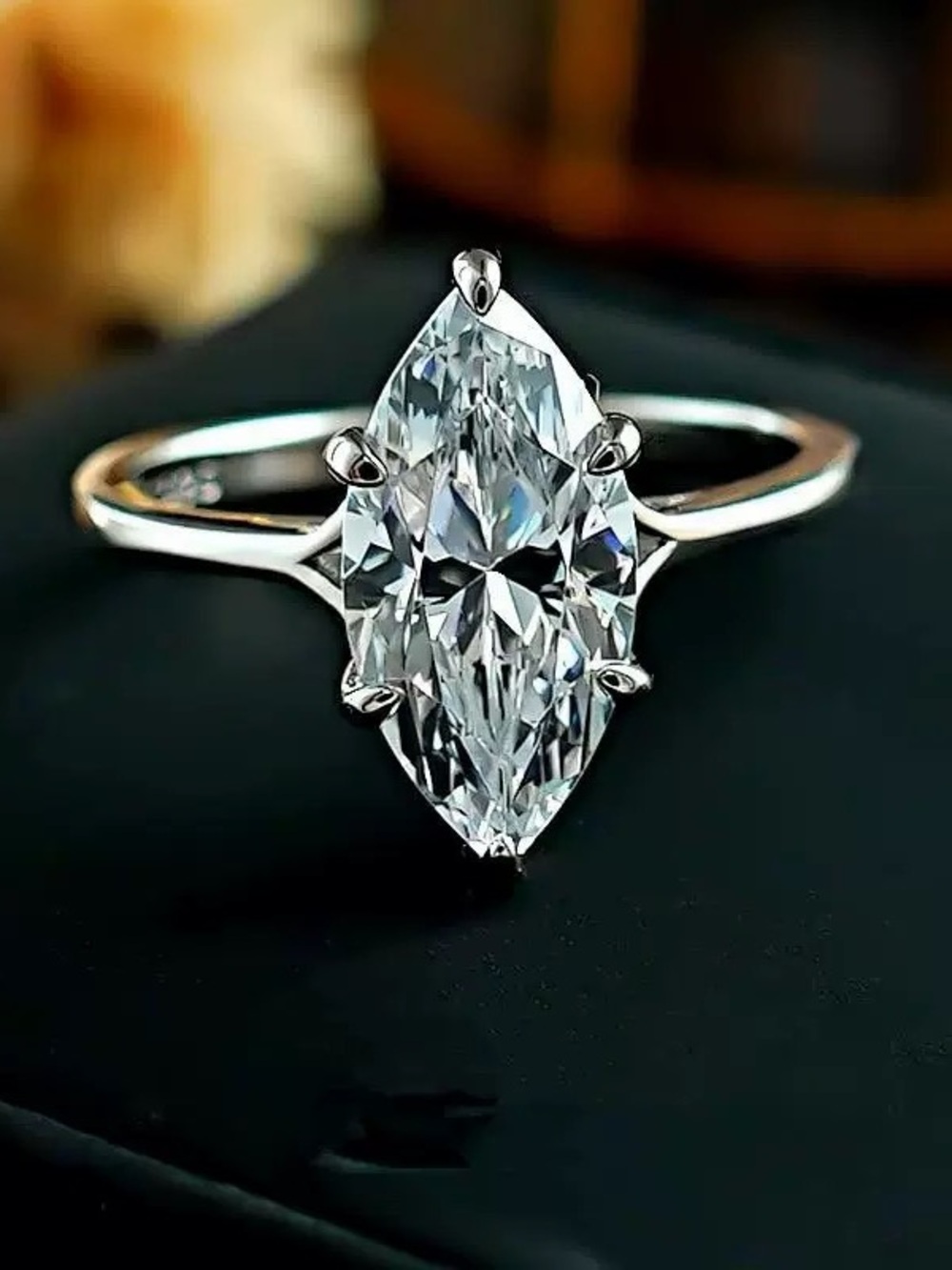 Marquise Cut Solitaire Ring in High Carbon Diamond‎ Size 6 Silver - Picture 3 of 4